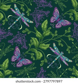 Seamless pattern with dragonflies, butterflies, scattered sprigs, leaves. Summer illustration in art nouveau style on dark green background. Color illustration mixed with elegance outline objects