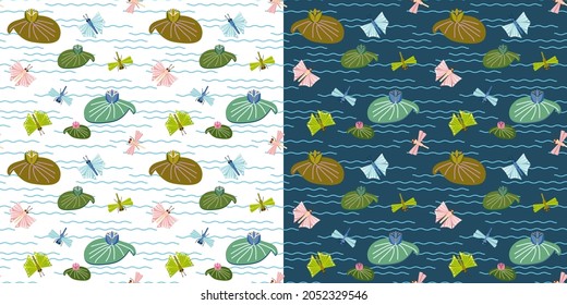 Seamless pattern with dragonflies, butterflies and water lilies on the pond. Vector pattern. Texture for fabric, clothing, wallpaper, wrapping paper, stationery.