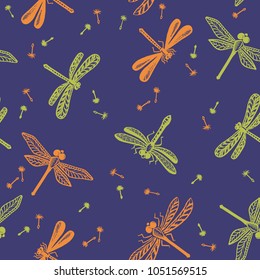 Seamless pattern with dragonflies and dandelion seeds. Summer color background