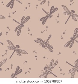 Seamless pattern with dragonflies and dandelion seeds. Monochrome vector illustration.