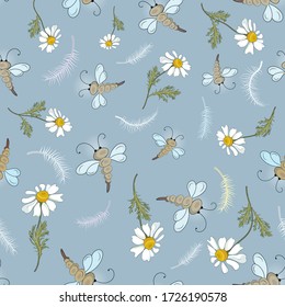 Seamless pattern with dragonflies, feathers and daisies on a blue background.