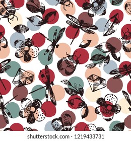 Seamless pattern with dragonflies and flowers.