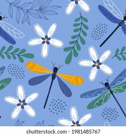 Seamless pattern with dragonflies and flowers. Blooming Flowers, Floral paper, Spring Scrapbook. Floral design.