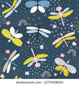 Seamless pattern with dragonflies, flowers, doodle elements. Childish summer print. Vector hand drawn illustration.