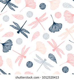 Seamless pattern with dragonflies and ginkgo leaves.