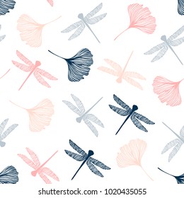 Seamless pattern with dragonflies and ginkgo leaves.