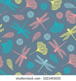 Seamless pattern with dragonflies and ginkgo leaves.
