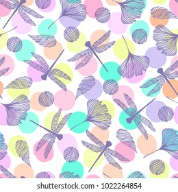 Seamless pattern with dragonflies and ginkgo leaves.