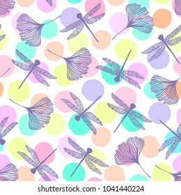 Seamless pattern with dragonflies and ginkgo leaves.