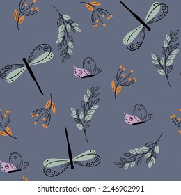 Seamless pattern with dragonflies and ginkgo leaves. Vector illustration