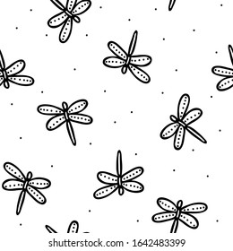 Seamless pattern with dragonflies. Hand drawn insects. Isolated on white background. Design for textile, wrapping paper. Black and white vector illustration.