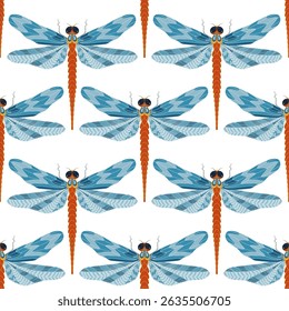 Seamless pattern with dragonflies, insects. Vector pattern in blue shades with flowers and dragonflies.