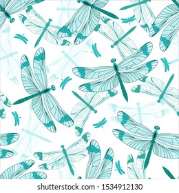 Seamless Pattern with Dragonflies isolated on white background. Design element for textile, fabrics, wallpaper, scrapbooking or etc. Vector illustration.