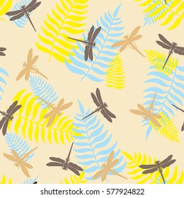 Seamless pattern with dragonflies and leaf of ferns isolated on background.