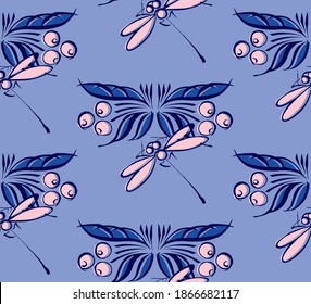 Nahtloses Muster mit Libellen, Blättern und Bereren. Stilvolle Blumen-Vektorgrafik auf Blau.