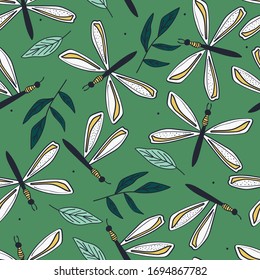 Seamless pattern, dragonflies and leaves, hand drawn overlapping backdrop. Colorful background vector. Cute illustration, insects. Decorative wallpaper, good for printing