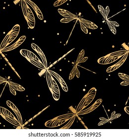 Seamless pattern with dragonflies on black background. Vector illustration.