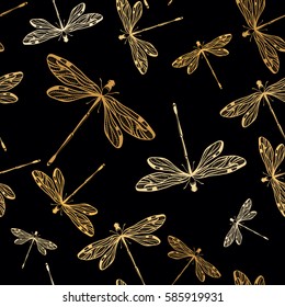 Seamless pattern with dragonflies on black background. Vector illustration.