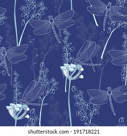 Seamless pattern with dragonflies on blue background. Vector
