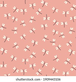 Seamless pattern with dragonflies on a coral  background