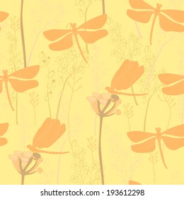 Seamless pattern with dragonflies on floral background. Vector
