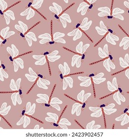 Patrón sin foco con libélulas sobre fondo rosado. Las libélulas repiten el patrón para el textil, la moda, el diseño de papel. Colorida ilustración vectorial del jardín de verano de primavera.