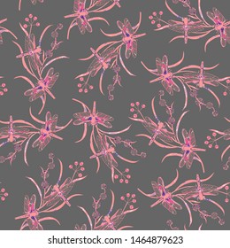 seamless pattern dragonflies on the plant. Vector illustration of hand drawing. eps10