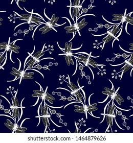 seamless pattern dragonflies on the plant. Vector illustration of hand drawing. eps10
