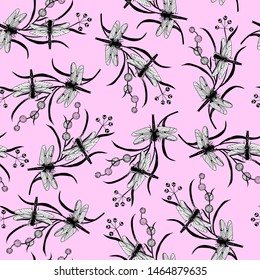 seamless pattern dragonflies on the plant. Vector illustration of hand drawing. eps10