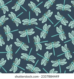 Seamless pattern with dragonflies on teal background. Dragonflies repeat pattern for textile, fashion, paper design. Colorful garden vector illustration.