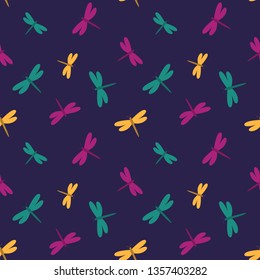 Seamless pattern with dragonflies on violet background. Vector illustration