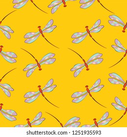 seamless pattern dragonflies on a yellow background