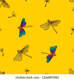seamless pattern, dragonflies on yellow background vector, hand drawing