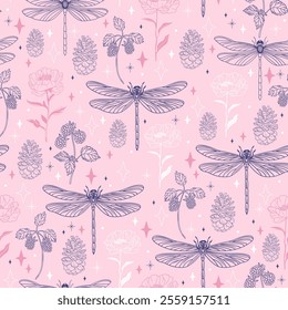 Seamless Pattern with Dragonflies, Pinecones, Peony Flowers, and Berries. Hand-Drawn Vector background