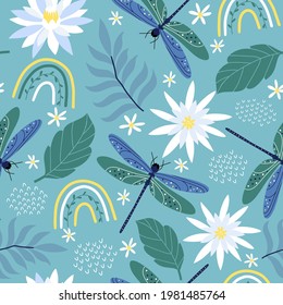 Seamless pattern with dragonflies, rainbows and flowers. Vector illustration.