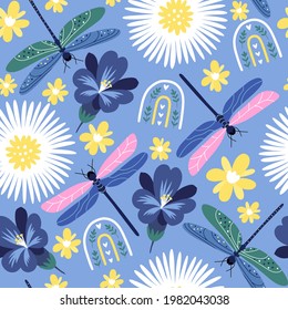 Seamless pattern with dragonflies, rainbows and flowers. Floral design. Vector illustration.