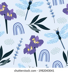 Seamless pattern with dragonflies, rainbows and flowers. Blooming Flowers, Floral paper, Spring Scrapbook.
