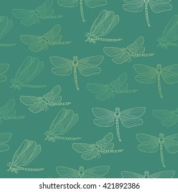 Seamless pattern with dragonflies in retro green color. Vector illustration