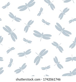 Seamless pattern with dragonflies silhouette. Gray elements on a white background. Stock vector illustration. Great and creative idea for modern designs backdrops, cards, textiles, packings, fabric.