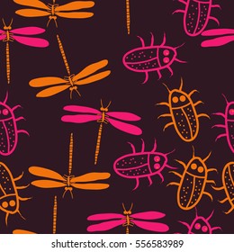 Seamless pattern with dragonfly, beetles. Hand drawn.
