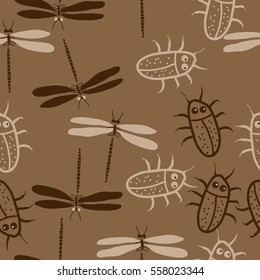 Seamless pattern with dragonfly, beetles. Hand drawn.