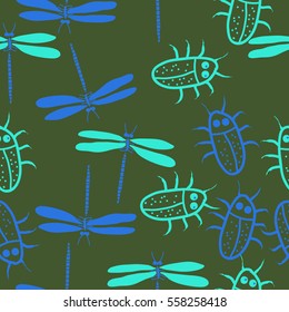 Seamless pattern with dragonfly, beetles. Hand drawn.
