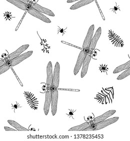 Seamless pattern with dragonfly. Black and wite dragonfly with leaves and spider. Suitable for printing on fabric, textiles, wallpaper, paper.