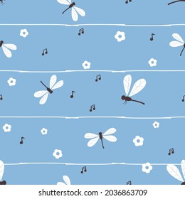 Seamless Pattern With Dragonfly Cartoon And Small Flower On White Blue Stripe Background Vector Illustration.