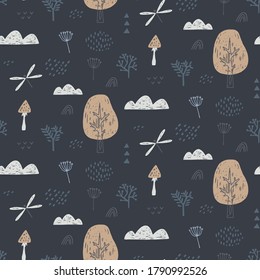 Seamless pattern with dragonfly, clouds, trees. Hand drawn forest pattern is endlessly repeating. Can be used for kids, covers, fabrics, wallpapers, home decor. Vector illustration