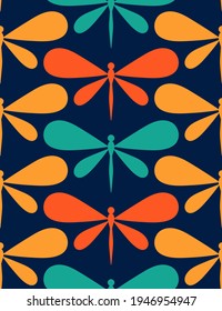 Seamless pattern with dragonfly. Colourful background in flat design