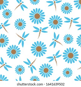 Seamless pattern with dragonfly and daisy. Summer vector illustration. Flat design, Design element for wallpaper, fabric, wrapping paper, banner.