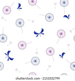 Seamless pattern with dragonfly dandelion flowers