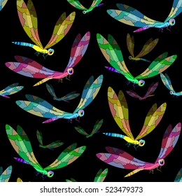 seamless pattern a dragonfly flies on black vector illustration