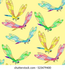 seamless pattern a dragonfly flies on yellow vector illustration